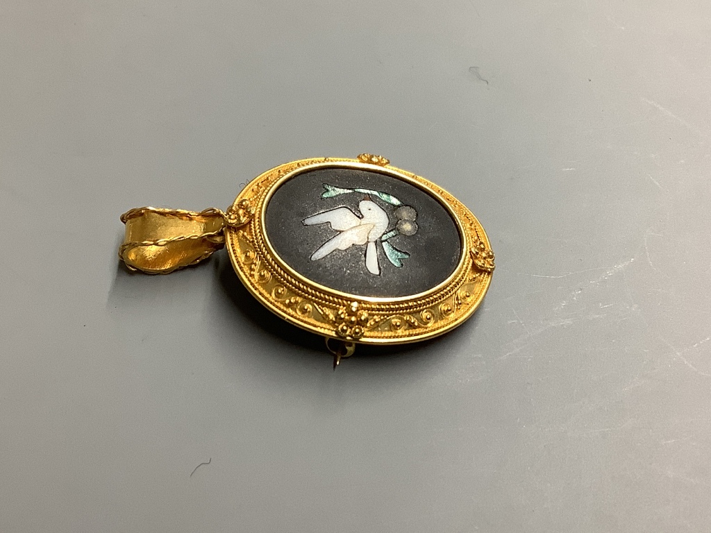 A late Victorian yellow metal and pietra dura set oval pendant brooch.